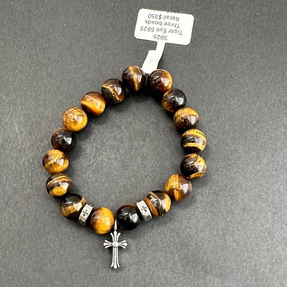 Tiger Eye Bead Bracelet with Sterling Silver Cross Charm